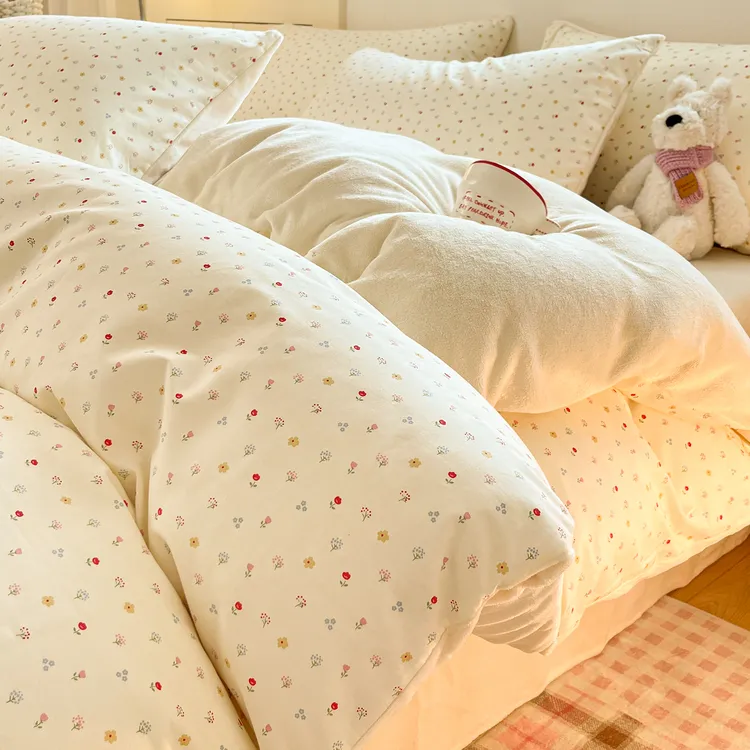 小清新ab面纯棉牛奶绒四件套全棉加厚珊瑚绒面被套三件套床上用品