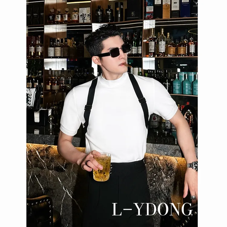 L-YDONG【邦德先生】夏季气质潮流百搭休闲修身半高领背带T恤7876