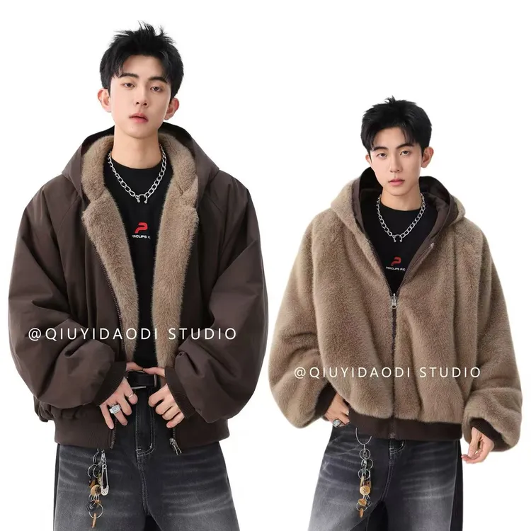 QIUYIDAODI冬季复古重磅帆布水洗仿貂毛情侣座山雕棉服双面穿上衣