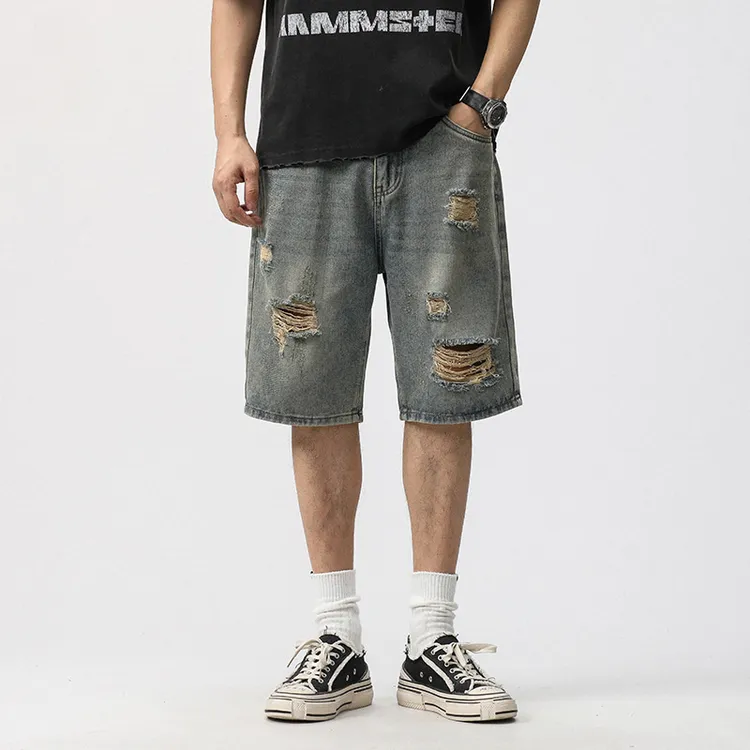 潮流男装夏季高街水洗牛仔短裤2025夏季新款破洞刮烂直筒五分裤男
