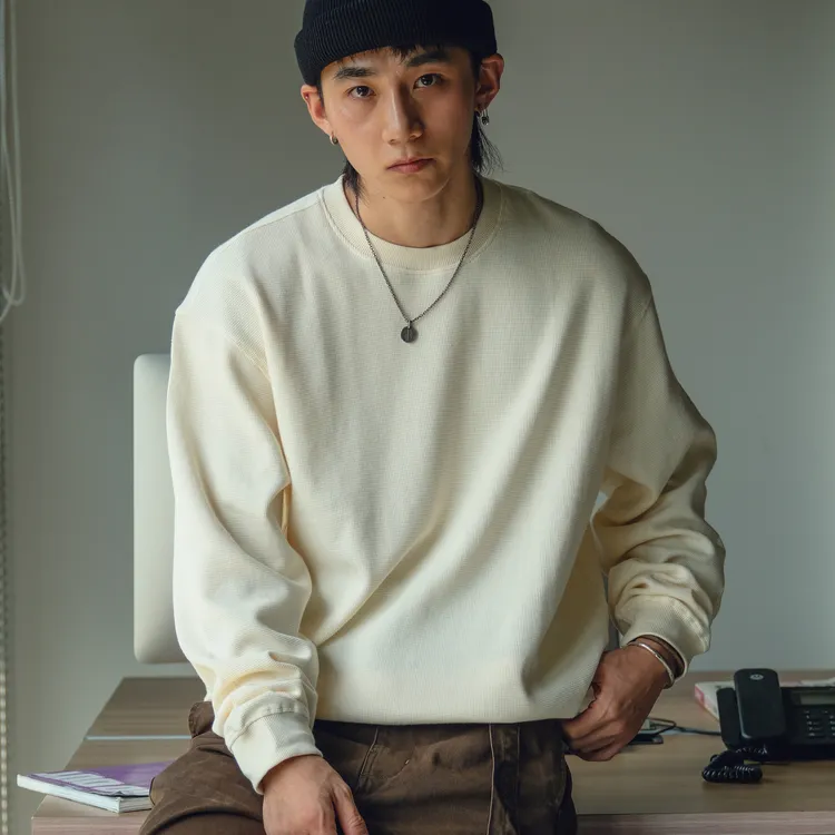 PrintsCrew 335克华夫格长袖套头圆领卫衣纯色百搭打底衫上衣宽松