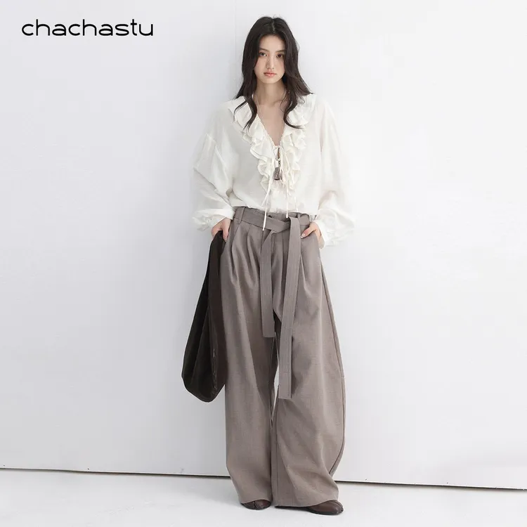 CHACHASTU【早秋】奶茶咖 主推立体分割线打褶阔腿西裤 K72