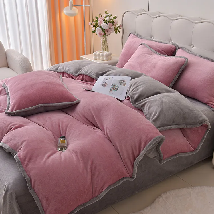 水星适用家纺新款冬季纯色牛奶绒保暖四件套加厚双面法兰绒被套