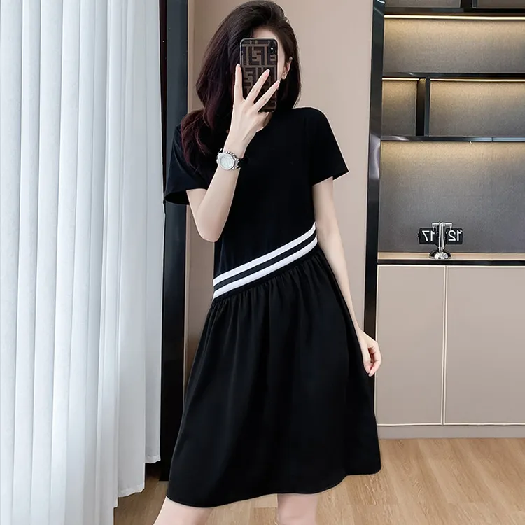 2025新款夏季女士高端大码收腰a字高级感黑色拼接休闲t恤连衣裙子