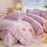 V/雅鹿爆款全消光牛奶绒夹棉床盖款四件套纯色蕾丝花边刺绣