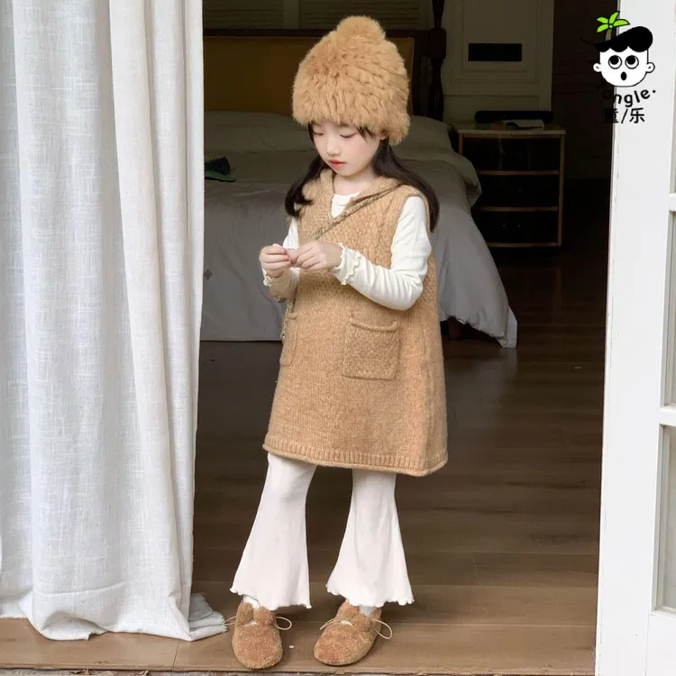 童乐装女童马甲中长款毛线裙慵懒大口袋小众连帽针织无袖背心外套