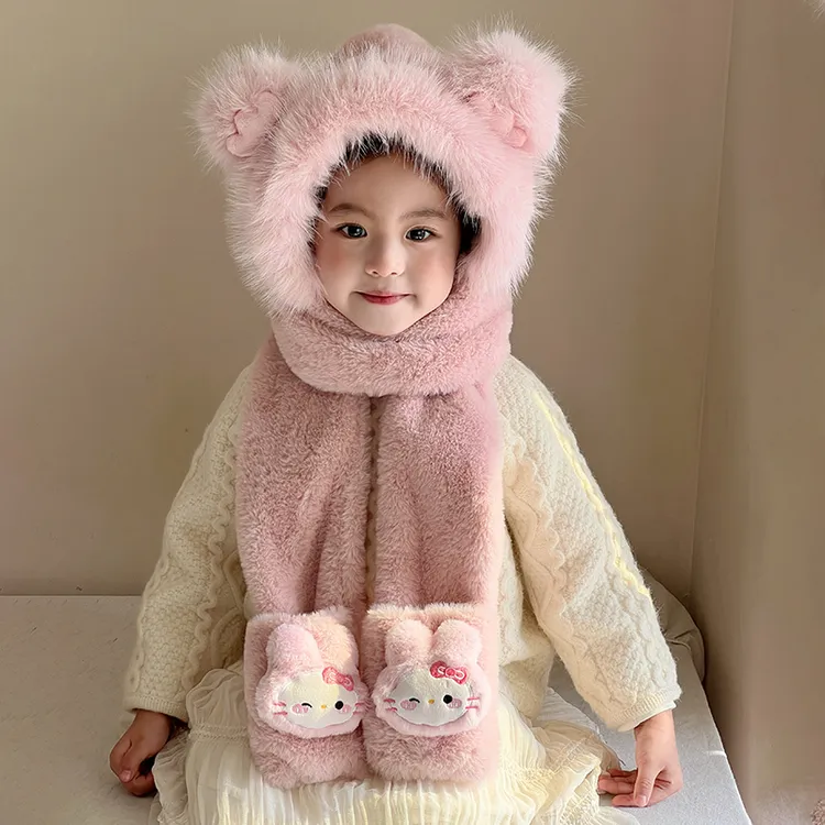 儿童帽子围巾一体手套小熊冬季女孩保暖毛绒帽男童加厚护耳防寒帽