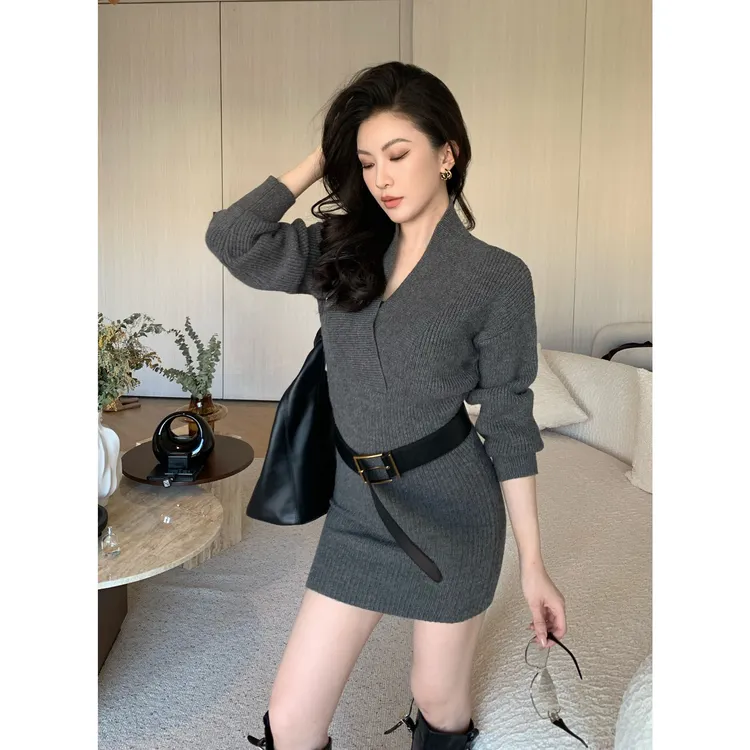 JIJINQI气质法式时尚设计针织V领短裙秋冬毛织连衣裙JD12LMXL1221
