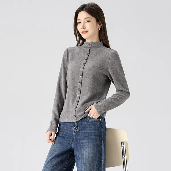 燕苹新冬款无痕半高领加厚双面绒装饰单排纽扣发热打底衫ZQY25-99
