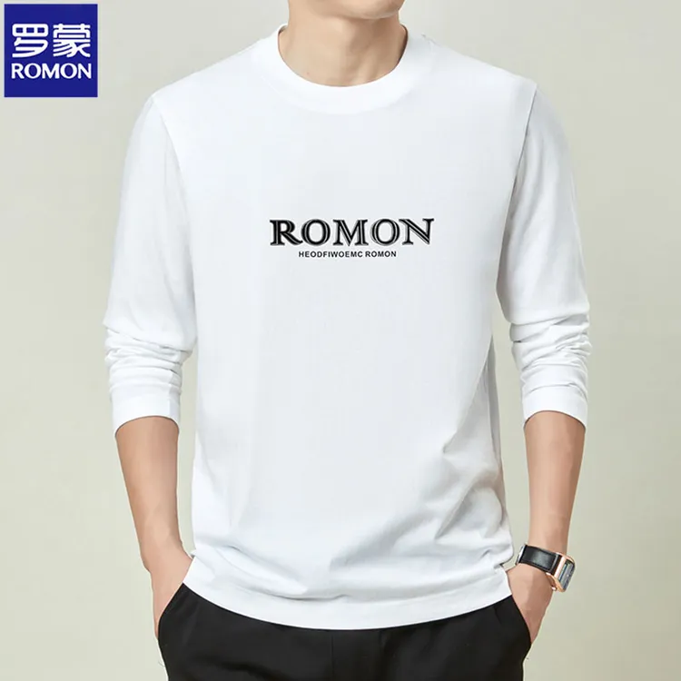 Romon/罗蒙100%棉长袖卫衣男纯棉圆领内搭打底衫春秋季宽松上衣T