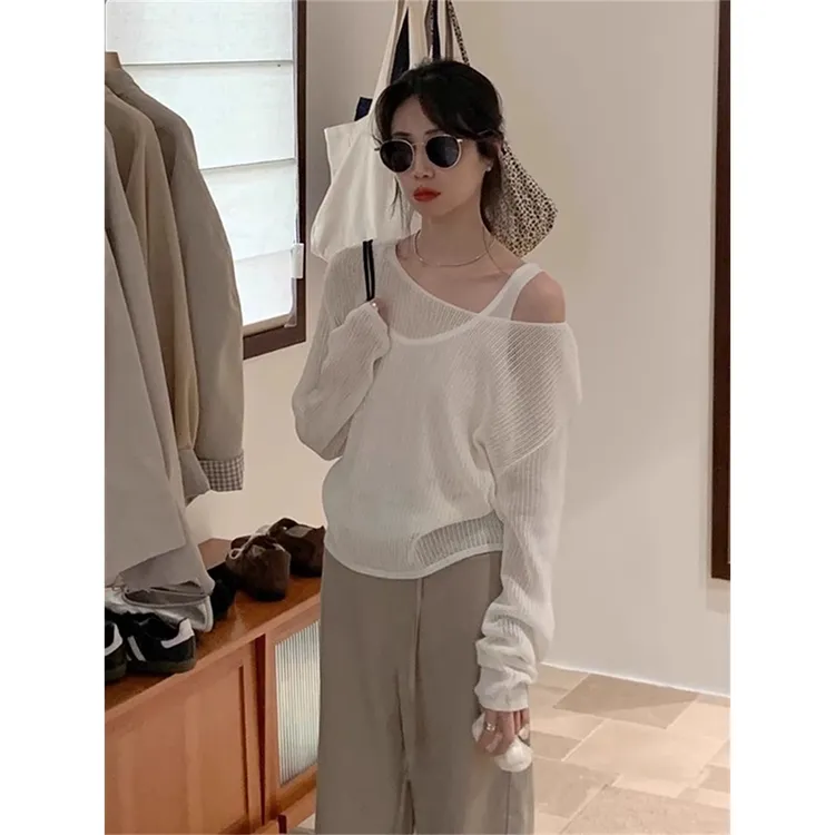 韩系穿搭薄款镂空针织罩衫女夏季吊带背心外搭防晒罩衫两件套上衣
