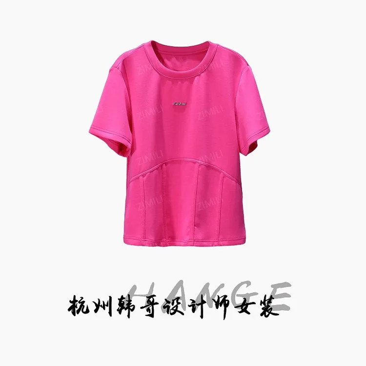 【韩哥女装】2025欧版《鱼骨》洋红色外包鱼骨线时尚休闲短袖8592-B1
