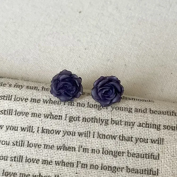 合金树脂耳饰 紫色玫瑰花耳钉森系甜美简约防过敏耳环女新款小众