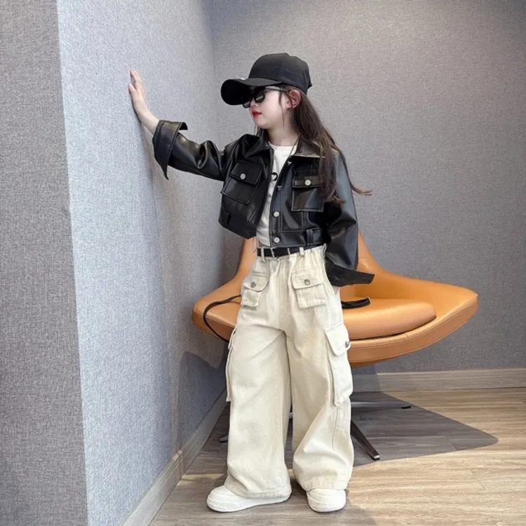 女童春秋款潮酷短款齐腰皮衣外套中大童宽松痞帅工装裤阔腿裤潮