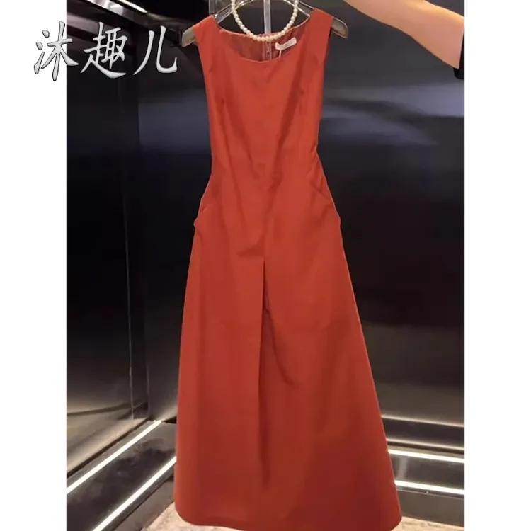 法式红色无袖连衣裙女夏季2025新款高端气质收腰显瘦中长款裙子薄