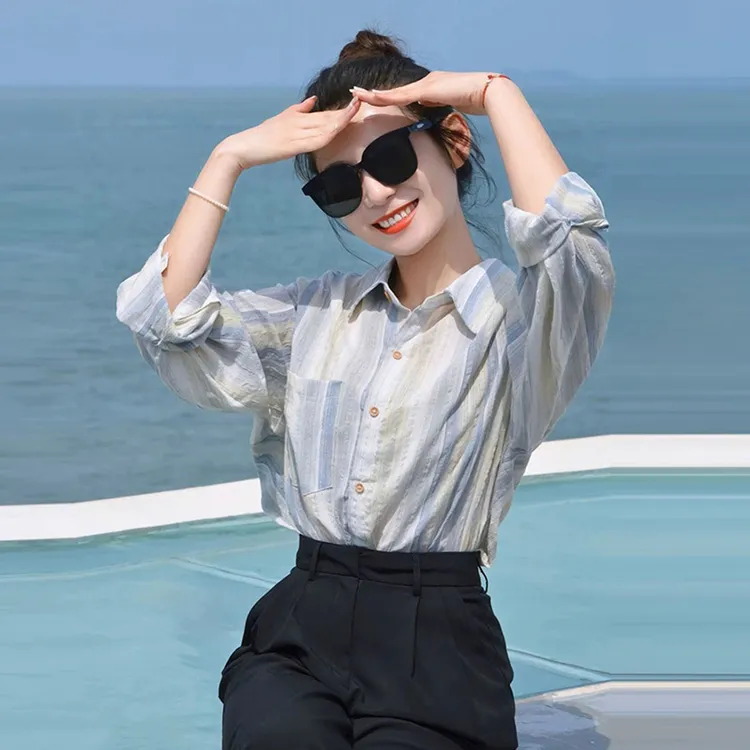 清新文艺潮流休闲条纹衬衫女2025春季新款小众显瘦气质百搭上衣潮