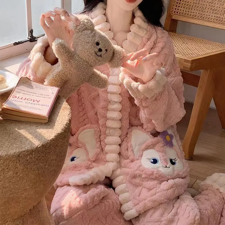 睡衣女秋冬季珊瑚绒加绒加厚法兰绒可爱女士可外穿家居服套装冬天