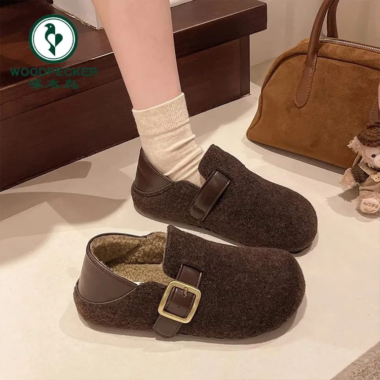 啄木鸟加绒勃肯鞋女2025冬新款保暖棉鞋灰色呢子毛毛鞋鞋保暖单鞋