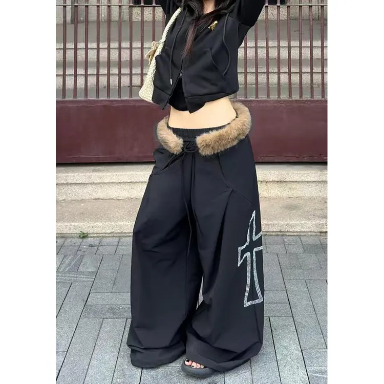 美式工装阔腿裤女2025新款爆款夏季抽绳高腰印花设计感拖地长裤潮
