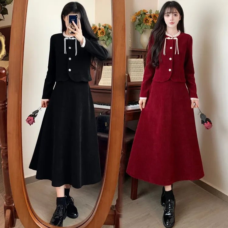 大码法式小香风红色灯芯绒时尚套装裙女秋冬气质显瘦半身裙两件套