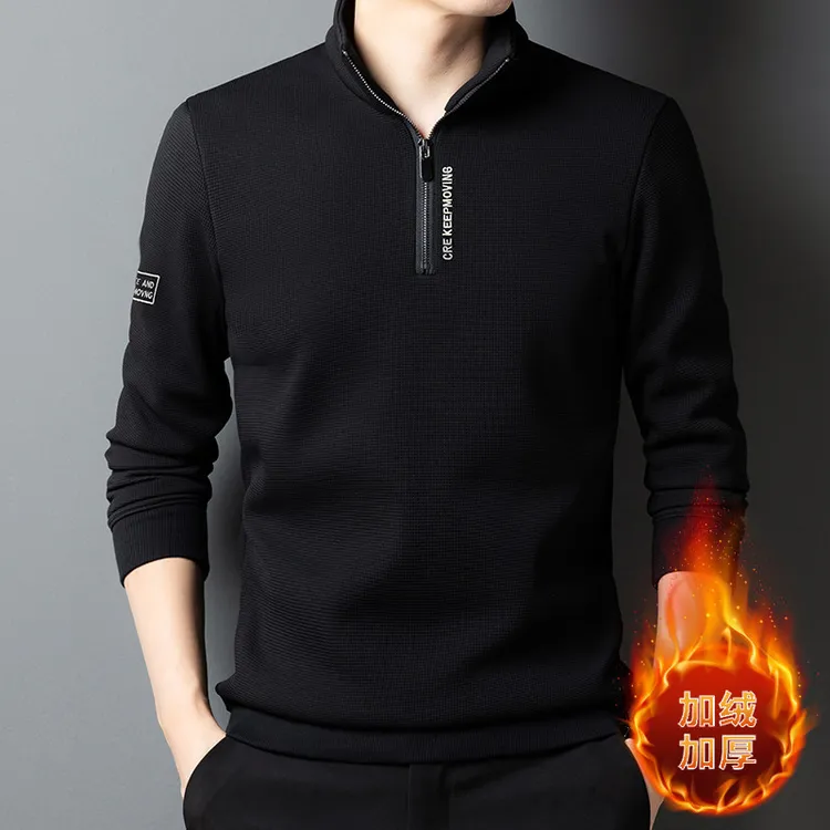 秋季时尚休闲潮流加绒加厚保暖秋冬拉链立领卫衣男士长袖上衣T恤