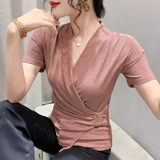 正肩短袖t恤女夏季2025新款独特别致交叉v领设计感亮丝洋气上衣潮