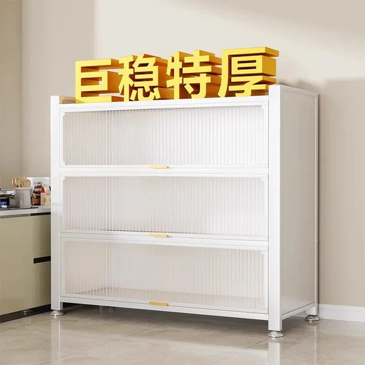 落地置物架带柜门多层厨房储物柜阳台家用收纳柜锅具微波炉餐边柜