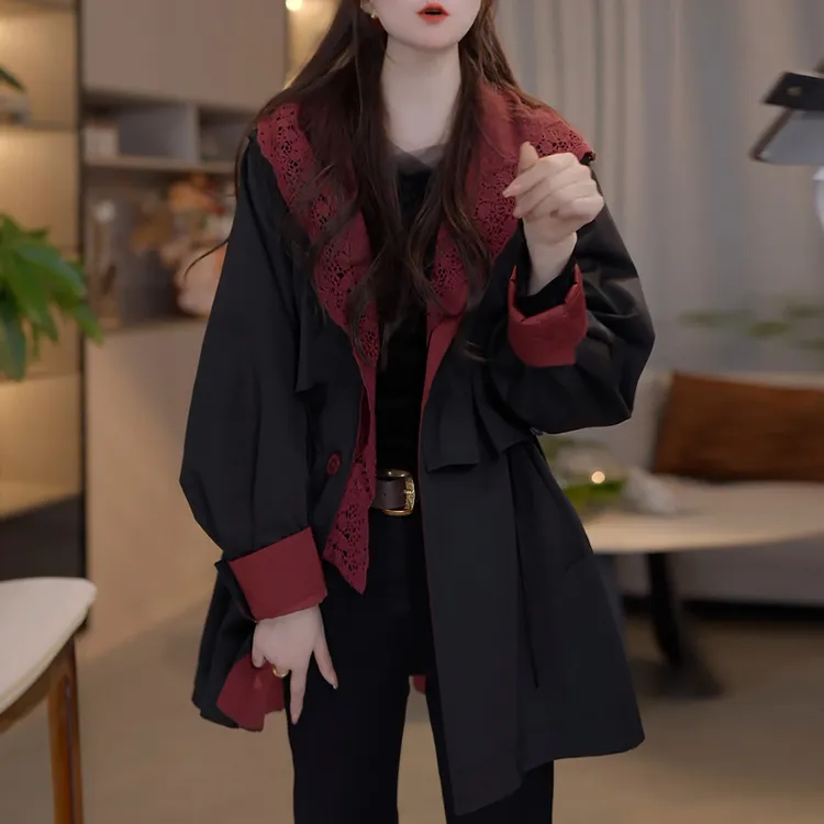 文艺复古蕾丝拼接风衣外套女2025春秋新款设计感小众中长款冲锋衣