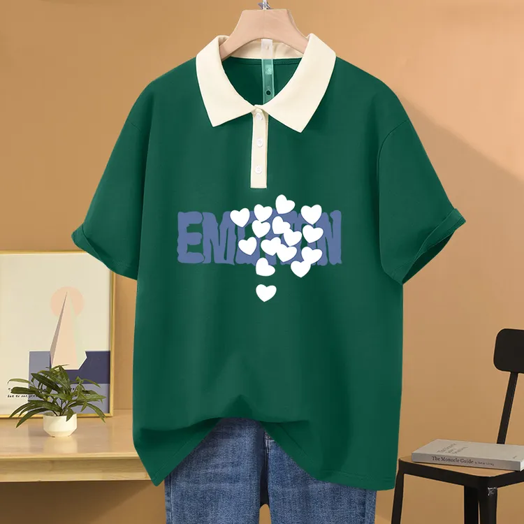 宽松200斤胖mm大码POLO领纯棉短袖t恤女设计感小众显瘦遮肚上衣服