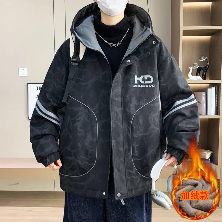 加绒加厚保暖外套男冬季新品连帽百搭宽松青少年帅气潮流夹克男装