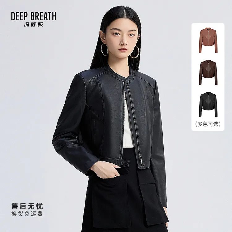 DEEP BREATH深呼吸新款立领短夹克绵羊皮革真皮皮衣外套A401424