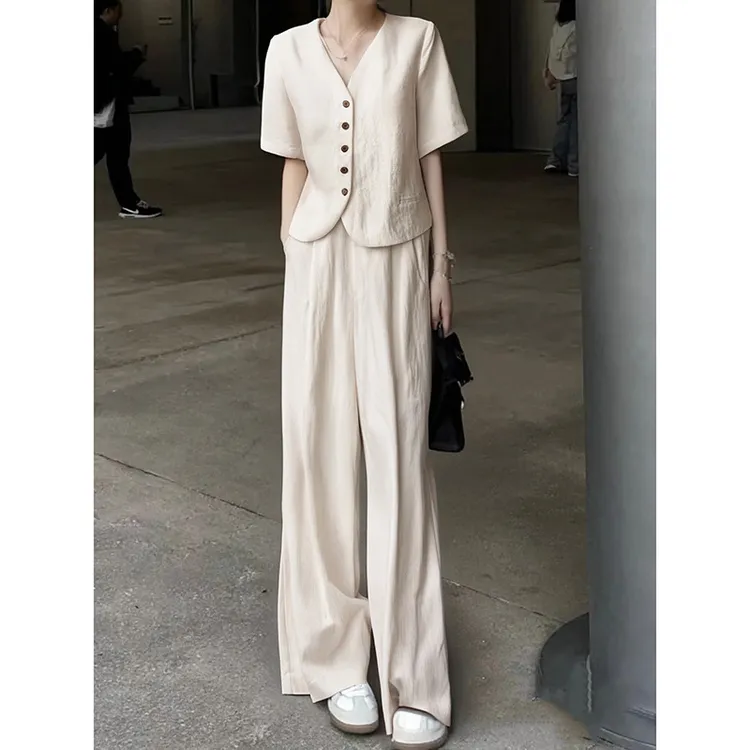 意式轻奢慵懒休闲透气天丝亚麻短袖西装外套高腰阔腿裤两件套装