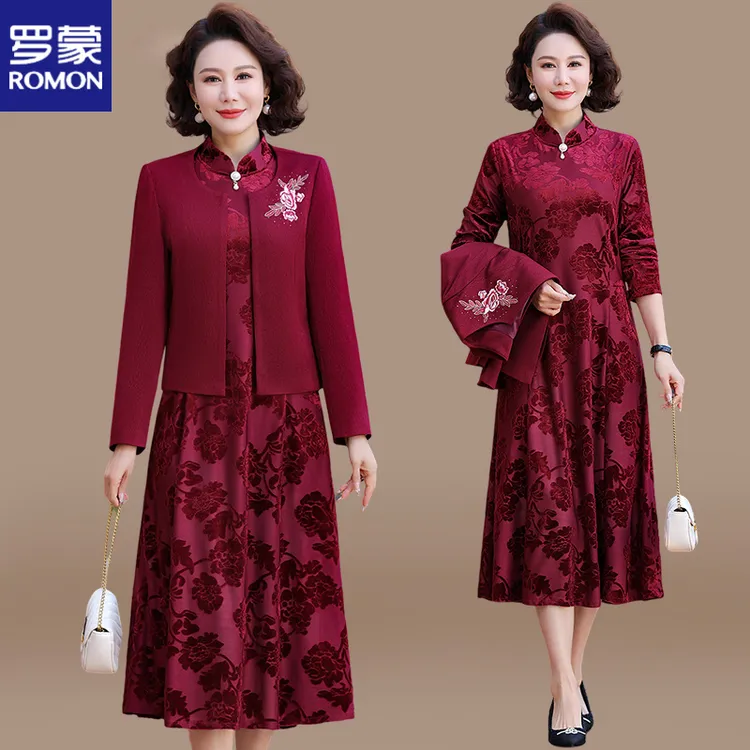 罗蒙喜婆婆婚宴装2025新款结婚礼服套装中年妈妈秋装连衣裙两件套