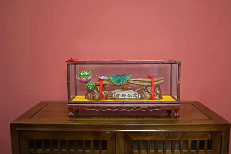 桃木雕刻景泰蓝荷花如意玄关摆件电视机柜摆件