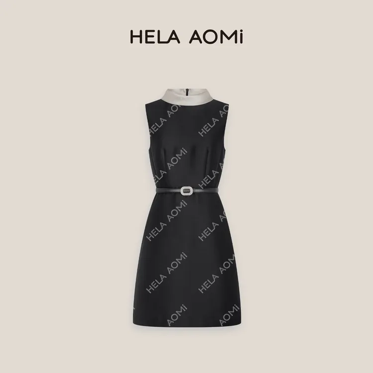 HELA AOMI“赫本裙”立体剪裁撞色翻领收腰赫本经典拼接无袖连衣裙