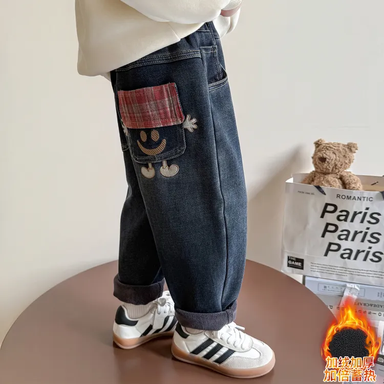 秋冬加绒女童裤冬季加厚牛仔裤新款男童女童洋气一体绒裤子儿童