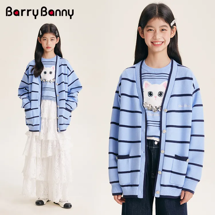 BarryBanny2025秋季新款女童外套针织开衫条纹落肩宽松长袖学院风