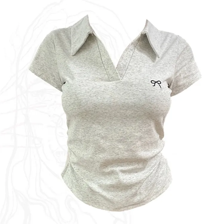 微胖mm美式收腰褶皱polo领短款上衣女夏季新款设计感显瘦短袖T恤