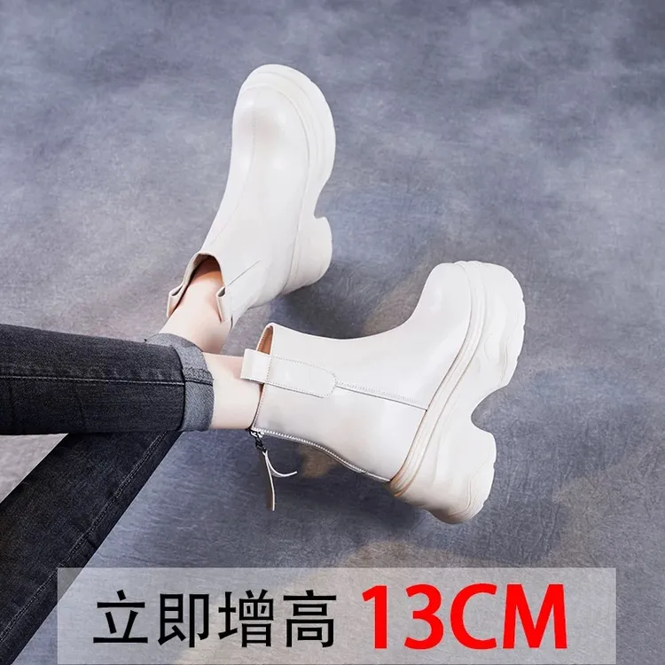 13厘米白色真皮牛皮厚底马丁靴女2025秋冬款小个子内增高手工短靴