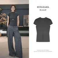 DENGDAHA「氧气因子」美式条纹设计拼半高领针织短袖女显瘦打底A301