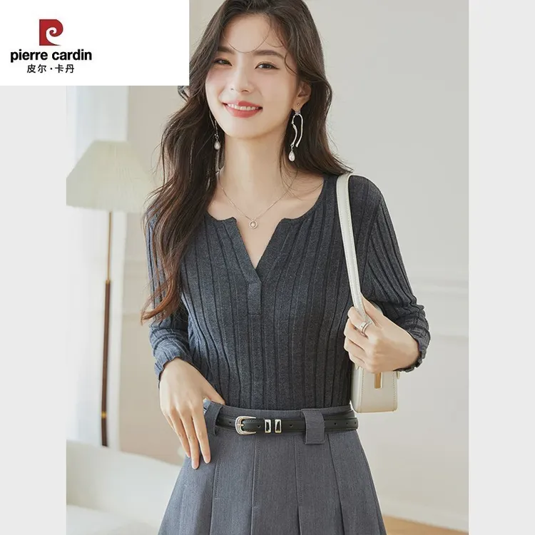 皮尔卡丹半开领坑条修身针织衫女2024早春季新款长袖薄款打底毛衣