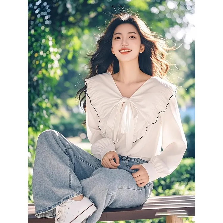 温柔风甜美花边白色衬衫女春装2025年新款法式上衣长袖蝴蝶结衬衣