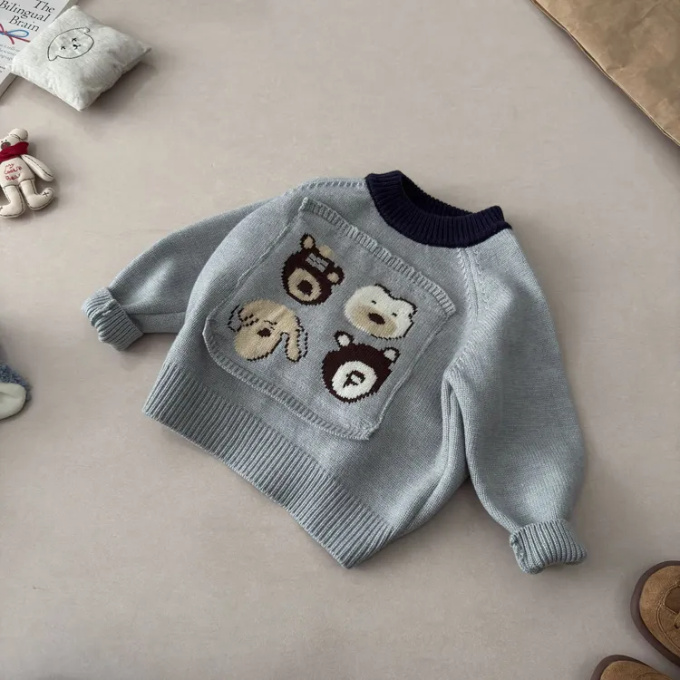 【耀火】秋冬新款韩系加厚休闲嵌花小熊百搭套头针织毛衣