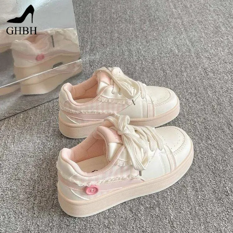 厚底小白鞋女款2025春夏新款樱花粉板鞋ins潮百搭小众休闲面包鞋