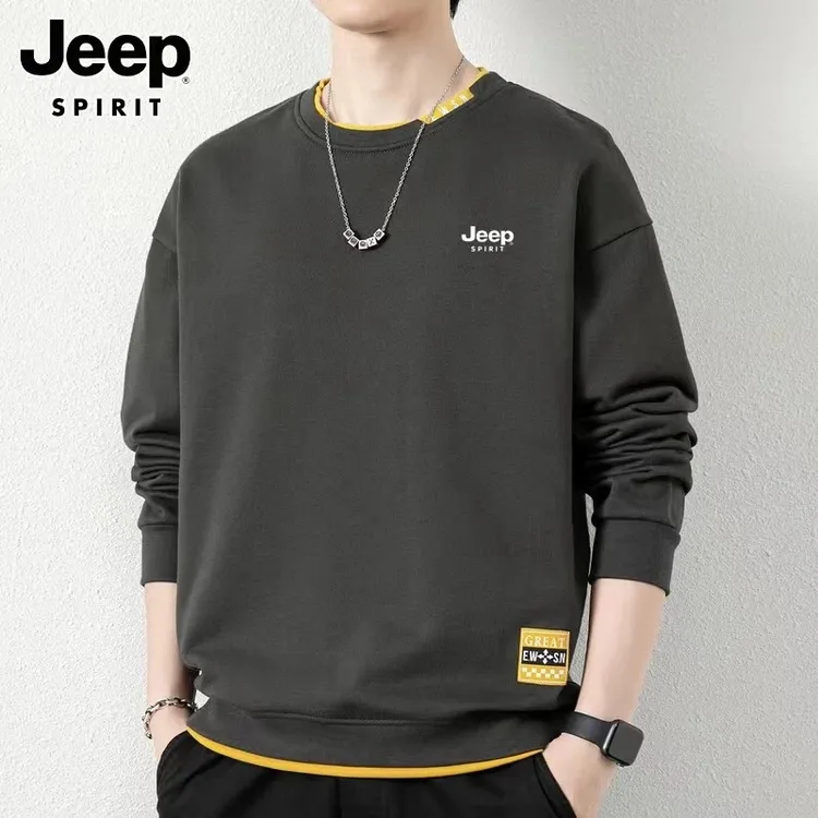 Jeep spirit吉普圆领卫衣男士春秋宽松套头长袖T恤宽松假两件上衣