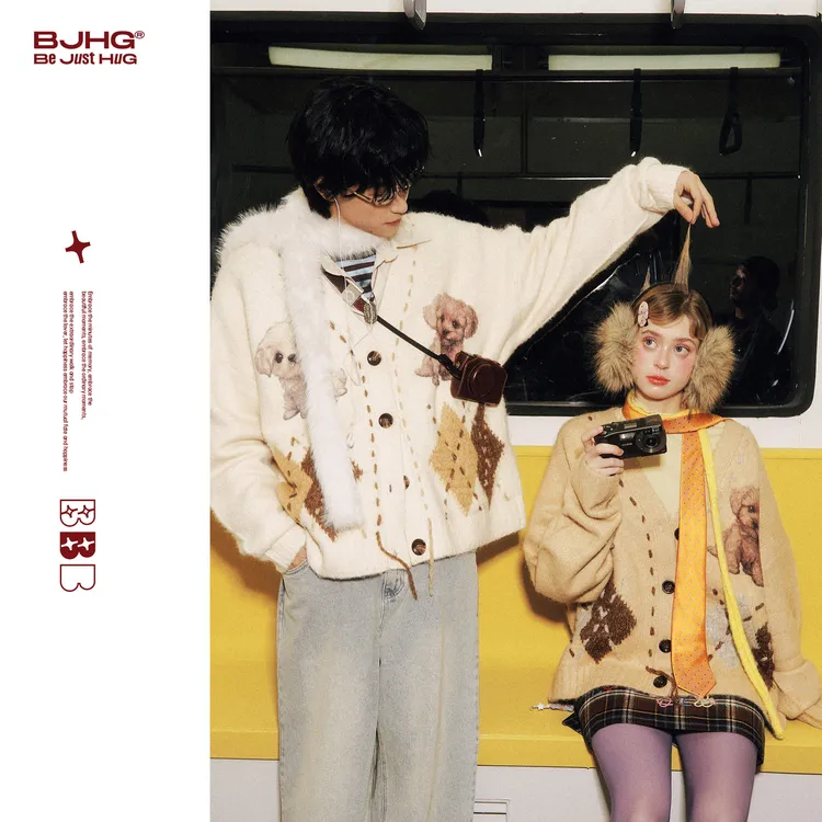 BJHG不计后果羊毛毛衣男款冬季2025新款小狗情侣开衫针织衫外套女