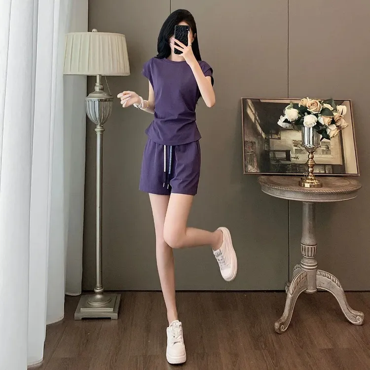巨好看的运动套装女夏季掐腰显瘦小飞袖上衣短裤紫色休闲两件套装