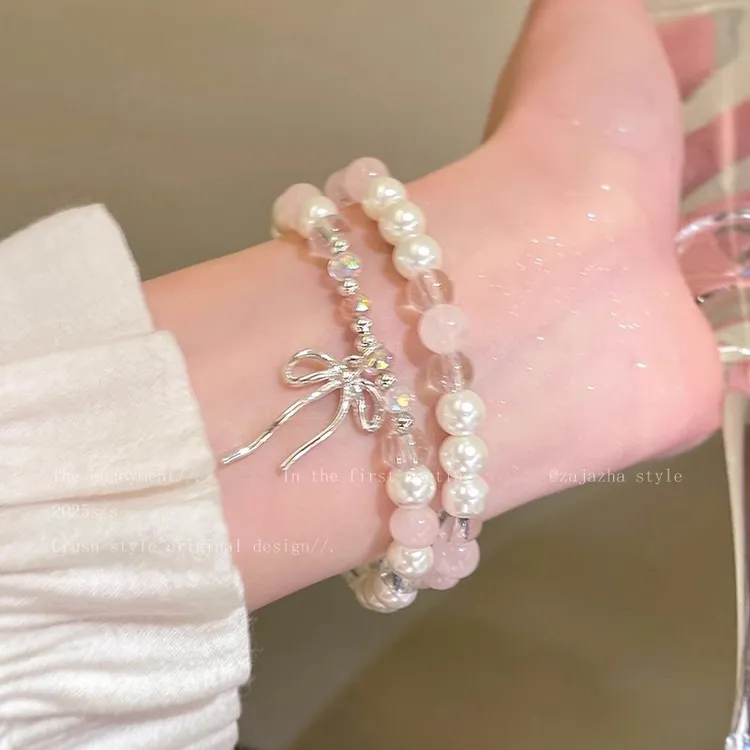 珍珠蝴蝶结双层手链女ins风轻奢小众高级感手串高颜值学生党手饰