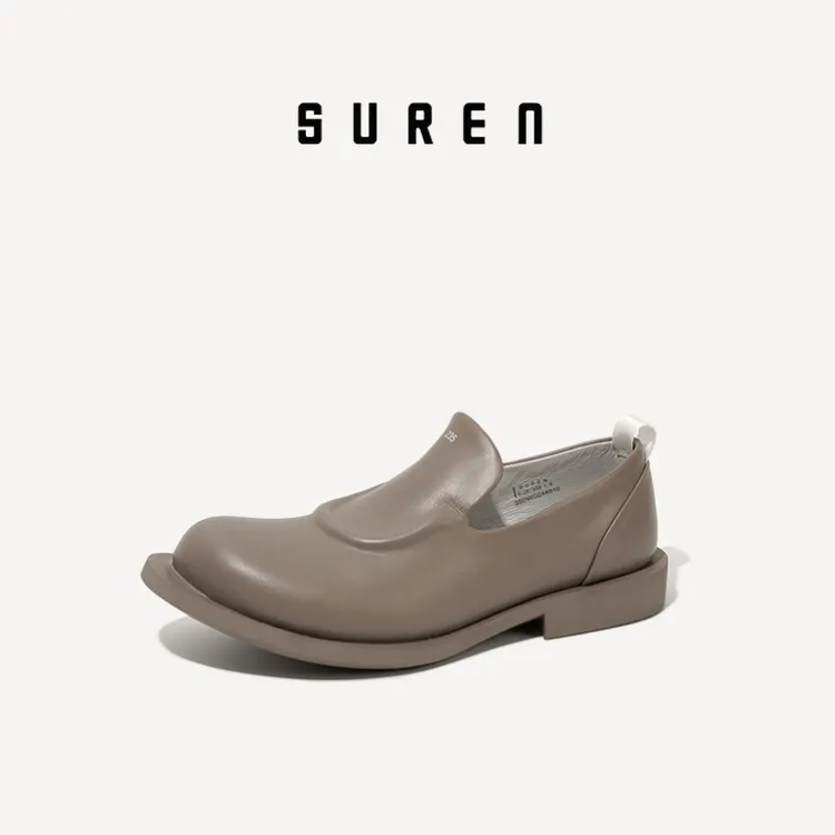 素人SUREN 女士时尚英伦风通勤歪头宽边乐福鞋法式牛皮皮鞋舒适