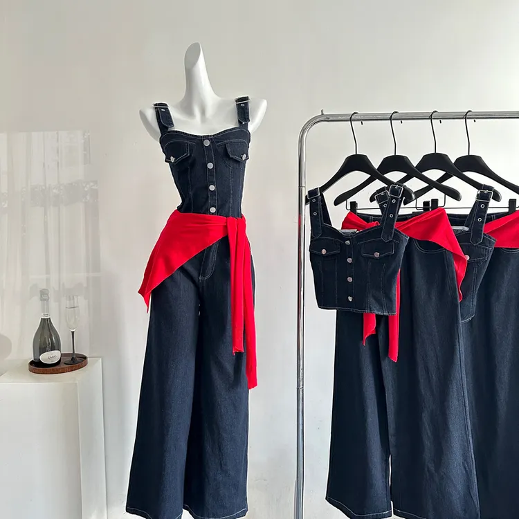 2025牛了牛了 辣妹牛仔套装女2025春季新款抹胸鱼骨上衣牛仔裤两